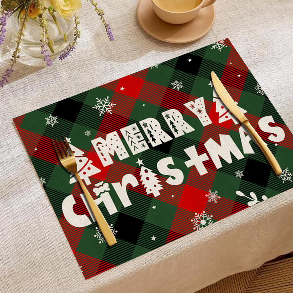 Christmas Xmas Snowflake Table Mat Red Green Plaid Holly Wreath Festive Placemat for Holiday Table Christmas Dinner Party Decor