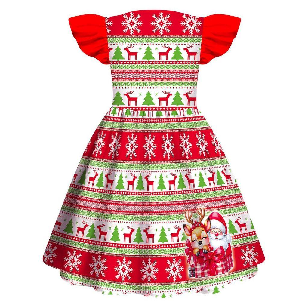 Kids Girls Cartoon Santa Claus Christmas Tree Elk Print Ruffle Sleevess New Year Dress