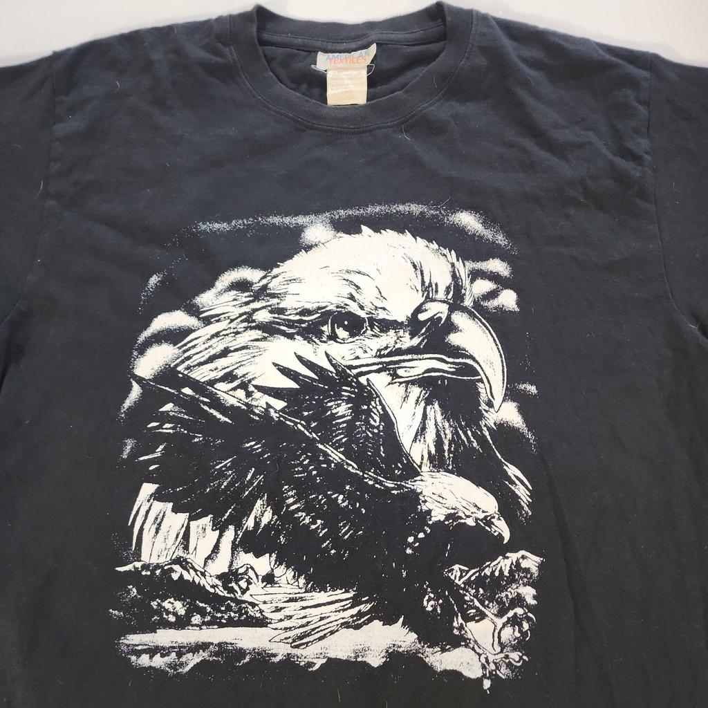 Vtg 90s Bald Eagle Nature Animal T-Shirt L Black Monochrome Stipple Graphic