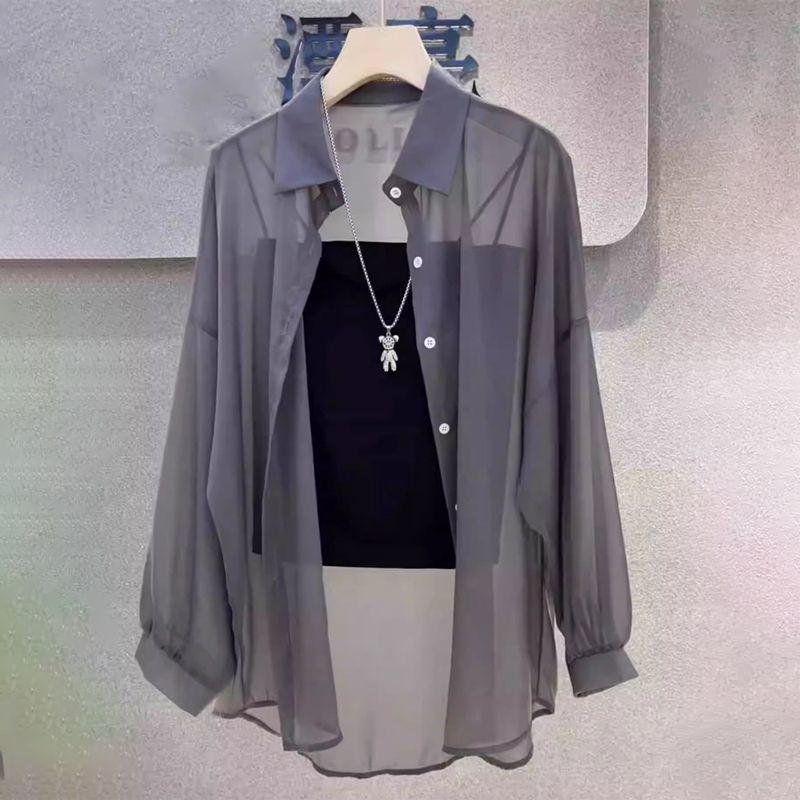 Летняя мода 2024 года Полупрозрачная рубашка средней длины из жемчужной пряжи - Легкая, универсальная защита от солнца