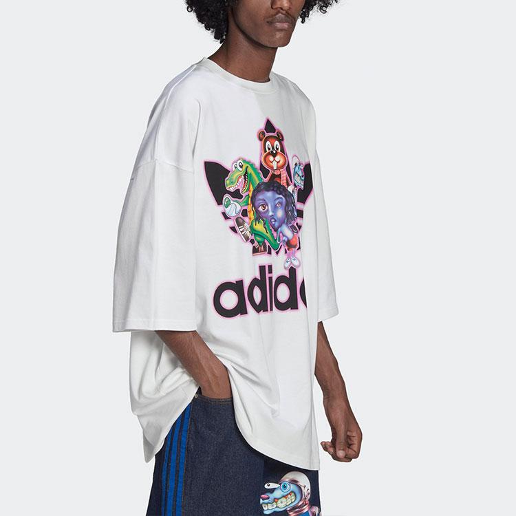 adidas Оригинальная свободная футболка с коротким рукавом и круглым вырезом с принтом из мультфильма для мужчин, белые топы HB2964