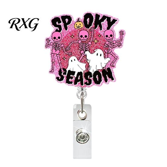 Retractable ID Badge Holder Holder, Halloween Glitter Acrylic Reel, Cute Ghost Card Reel Pumpkin for Nurse Doctor Teacher Worker Keychain Clip