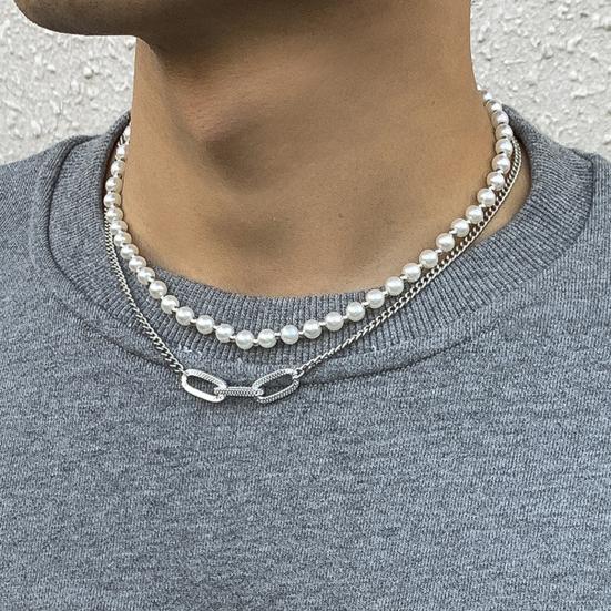 Мужское ожерелье, декоративное универсальное двухслойное колье-чокер с геометрическим искусственным жемчугом для повседневного ношения