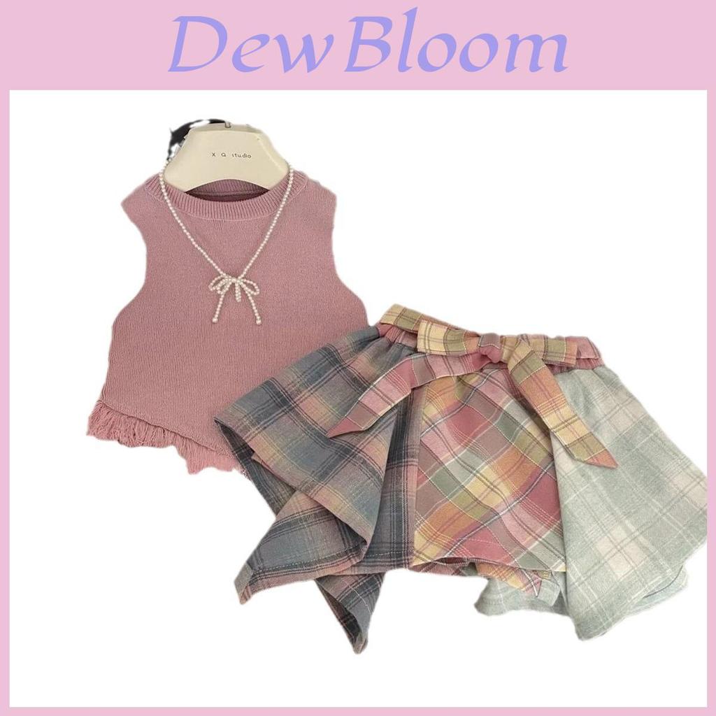 Girl Summer Korean Style Cotton Sleeveless Outfit With Fringed Vest And Gingham Pants For Kids 3-8 Years