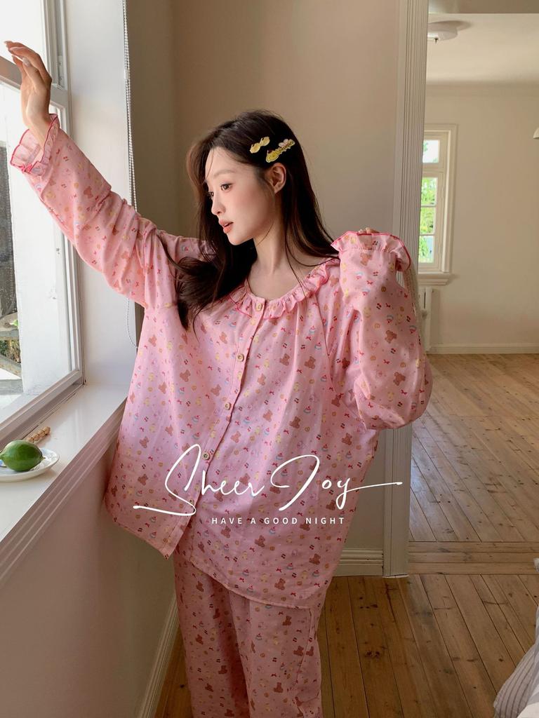 Autumn new cotton cardigan lace round neck bright girl series long sleeves trousers homewear women's cute pet paradise