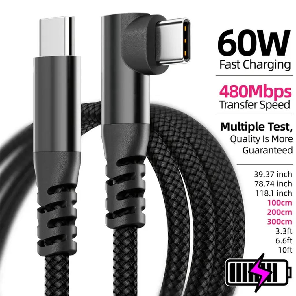 Угловой USB-C на USB-C Кабель 1М 2М 3М 10ФТ, 60Вт PD Быстрая Зарядка Синхронизация Данных Нейлоновая Оплетка Type‑C Зарядный Шнур для iPhone 15 15Plus 15Pro Max Android Планшета