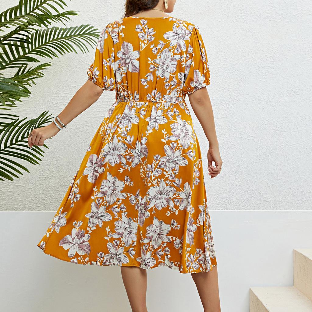 Летнее женское платье с цветочным принтом, V-образный вырез, короткий рукав, платье миди с высокой талией, повседневное платье для работы и отдыха, дышащее легкое удобное платье