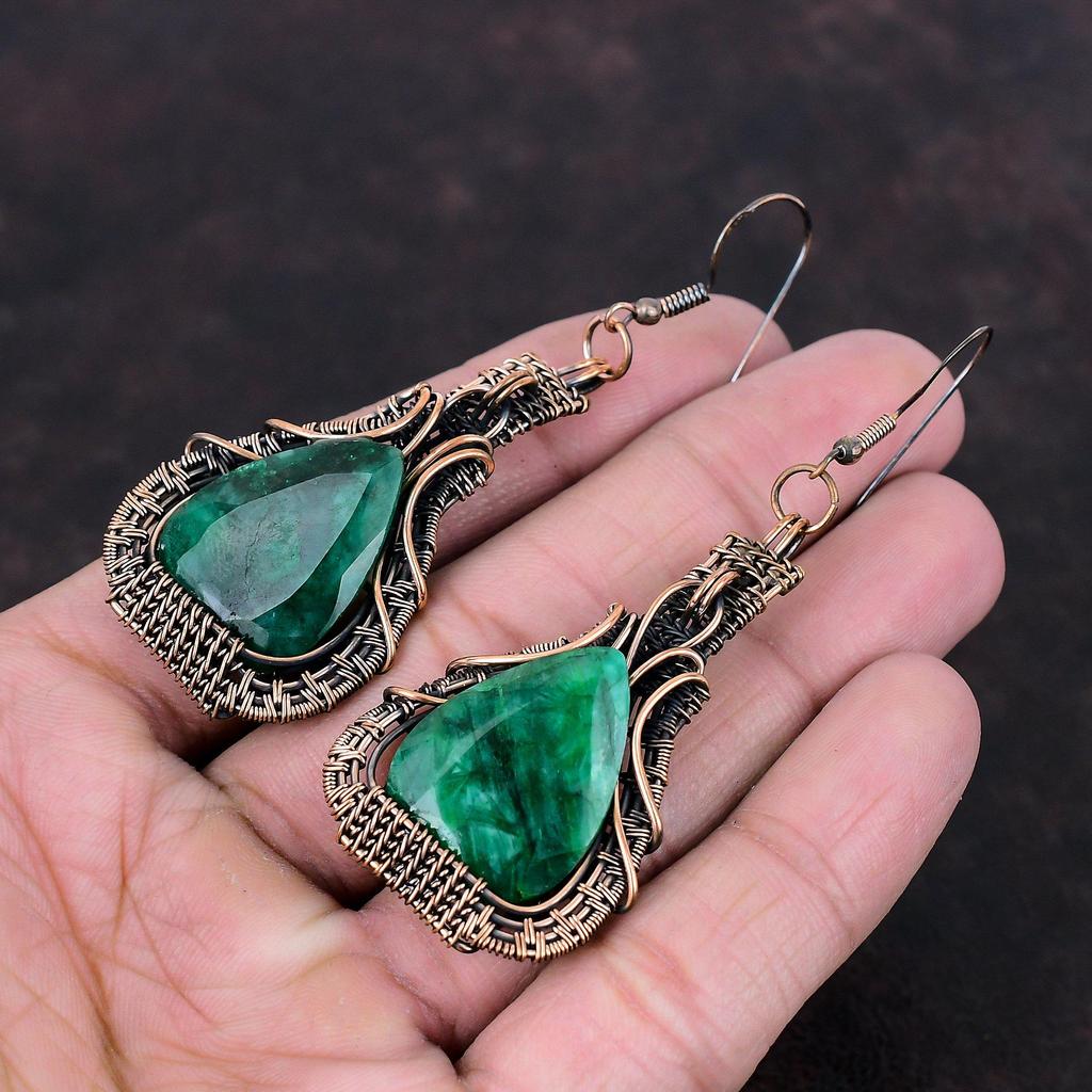 Граненые серьги с замбийским изумрудом, серьги из медной проволоки, медные украшения, серьги ручной работы из натурального драгоценного камня, подарок для мамы, ювелирные изделия из проволочной обмотки