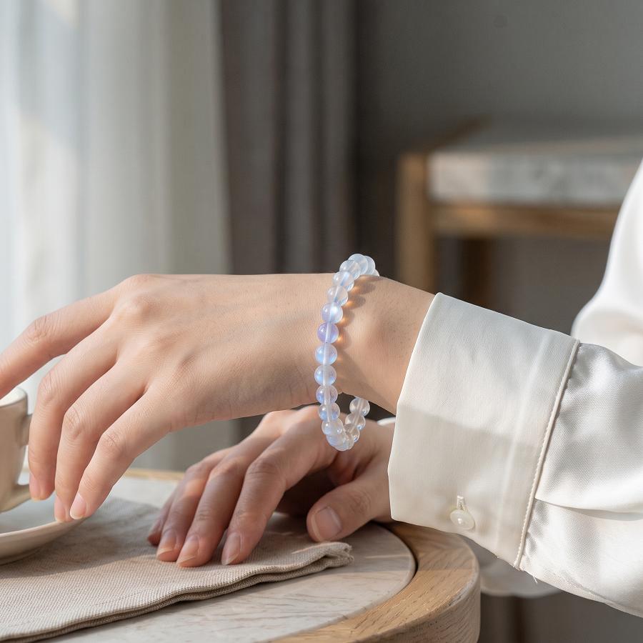 Hand-Selected Natural Blue Moonstone Bracelet, Ethereal Blue Glow Beaded Jewelry, June Birthstone Stacking Bracelet, Bridal Gift for Women
