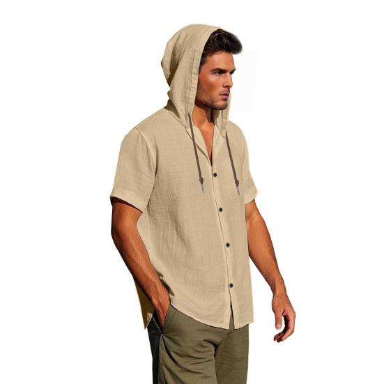 Men's Linen Hooded Shirt Solid Color Short Sleeve Shirt Loose Fit Button
