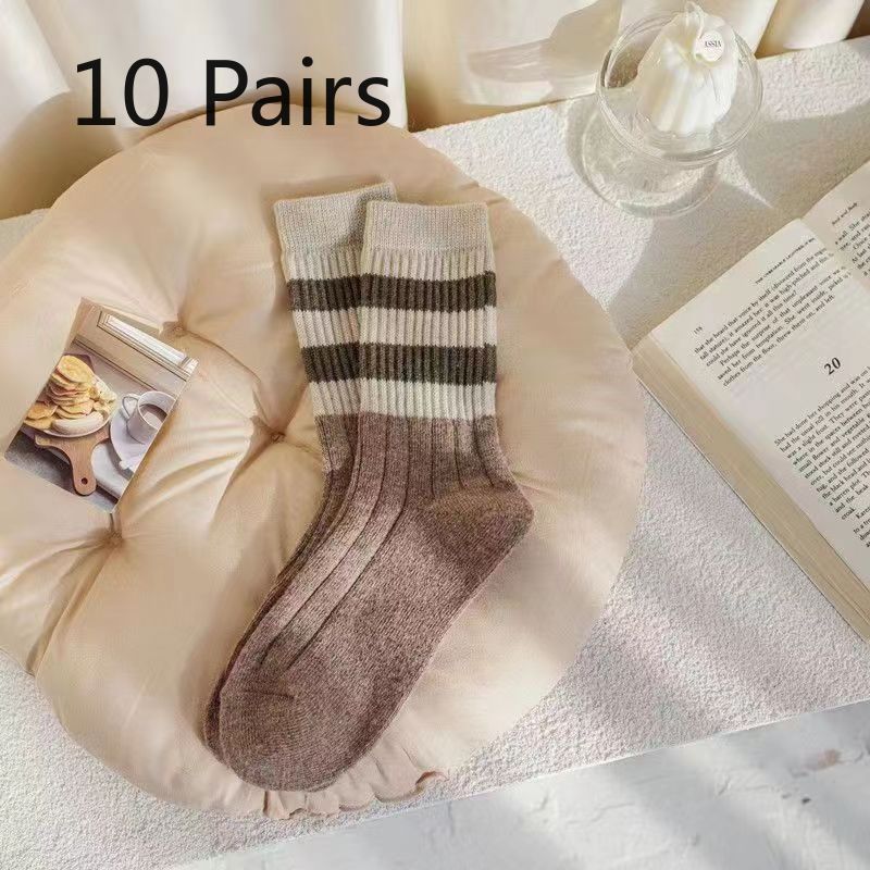 10 Pairs of Women's Autumn and Winter Socks Retro Thick Striped Tube Stack Socks