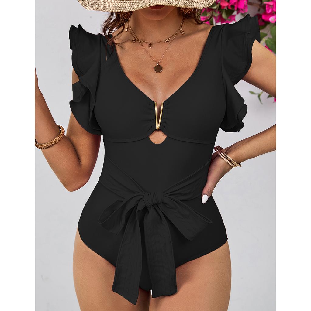 2025 New Sexy Ruffle Soild V-neck One Piece Strappy Slimming Swimwear Women Swimsuit Deep-V Bathing Suit Beach Wear Monokini