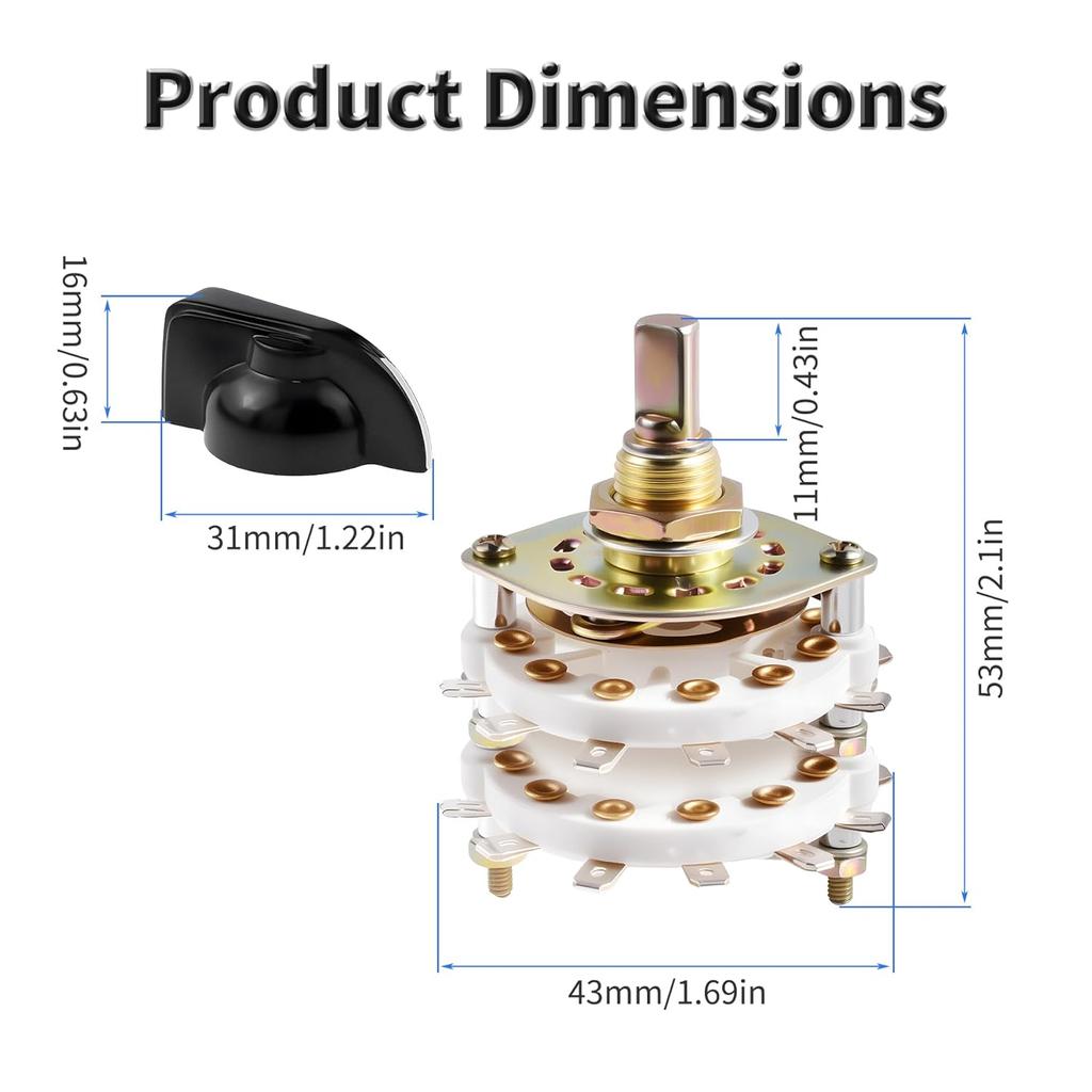 KCZ Rotary Band Switch 2P8T 2 Pole 8 Position Band Channel Rotary Selector Switches 2 Deck Waveband switches with Linear Knob for TV, Radio,