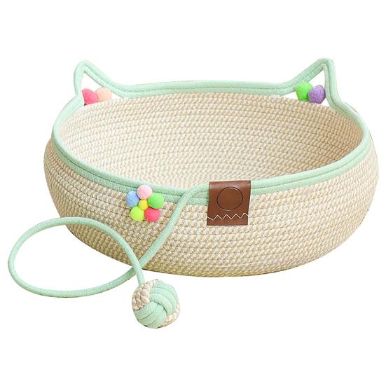 Natural Cotton Cat Basket Handwoven Rope Bed, Scratchable Indoor Sleeping Basket, Breathable Pet Nest with Handles Round House for Cats