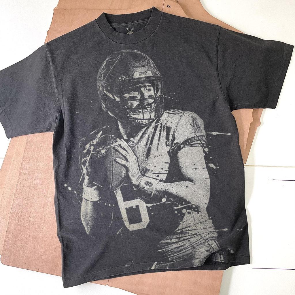 Baker Mayfield Handmade Bleached T-Shirt: Spray art Faded Black Cotton Unisex Tee