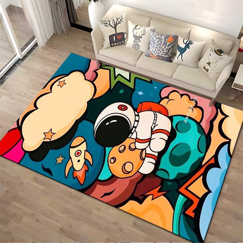 Cartoon Astronaut on Colorful Planet Space Theme Carpet for Kids Suitable for use as an anti-slip for living room bedroom sofas
