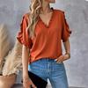 Yousheng Women Shirt V-Neck Ruffled Splicing Petal Sleeve Solid Color Tops Loose Fit Tee Casual Office Travel Shirt