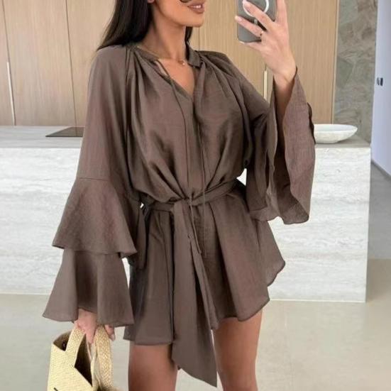 Женское летнее платье-рубашка с оборками, длинными рукавами, V-образным вырезом, короткое платье из шифона, А-силуэта, завязывающегося на талии, струящееся мини-платье