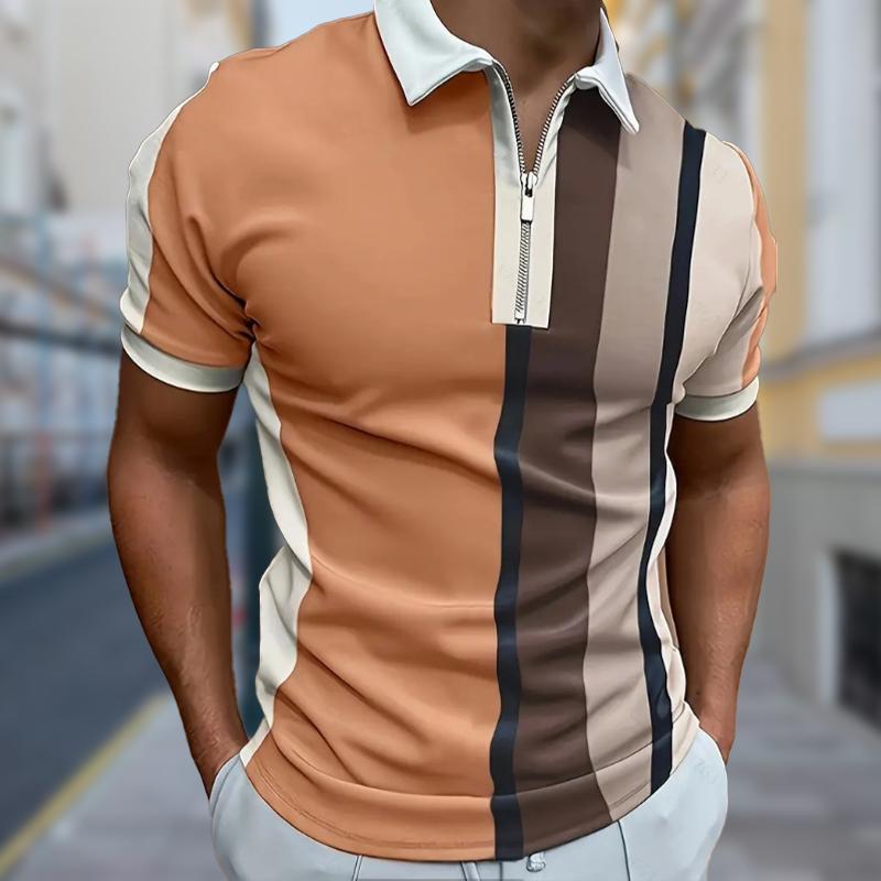 Мужская рубашка поло повседневная на молнии с коротким рукавом модная повседневная на молнии лето весна стандартный крой вертикальная полоса сращивание 3D принт рубашка