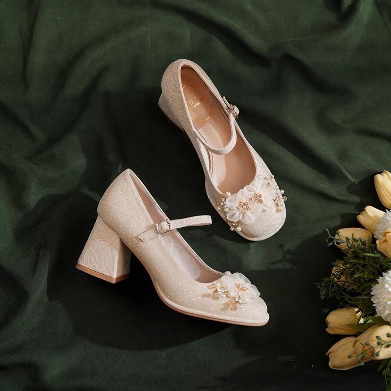 Medium Heel Thick Heel Shoesfemale Bridesmaid Thick Heel Women's Single Shoes 2025 with Skirt Wedding Shoes Small Man Mary Jane Single Shoe Girl