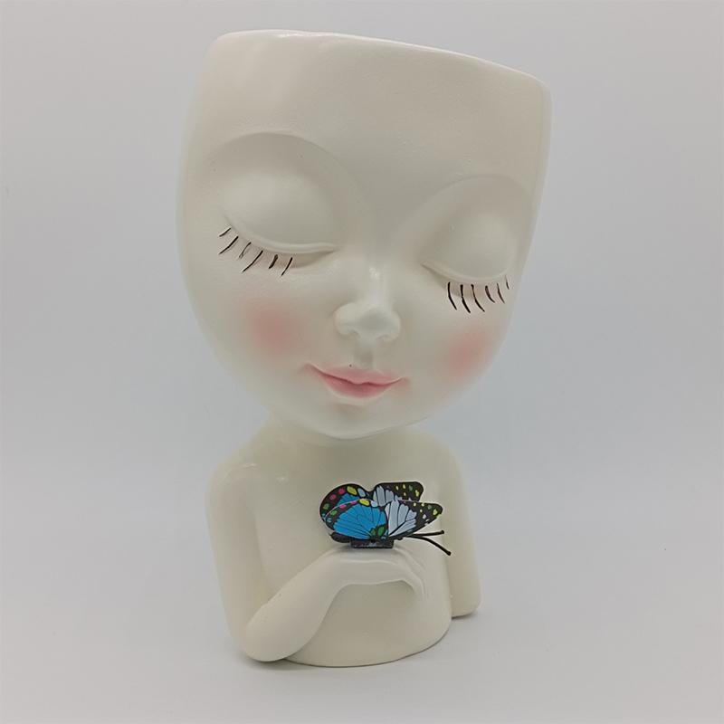 Горшок для цветов в виде лица девочки-бабочки, кашпо для суккулентов с дренажным отверстием, милые горшки для цветов в виде женского лица, смоляные настольные украшения