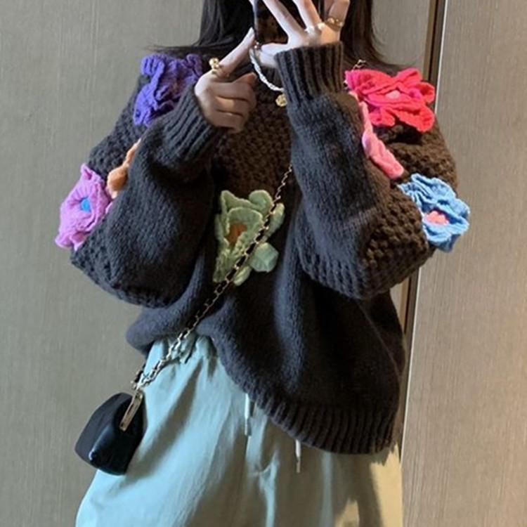 Новый трехмерный цветочный вязаный женский свитер для женщин, новый свободный, томный, ленивый, ветер, иностранный, сладкий, женский свитер