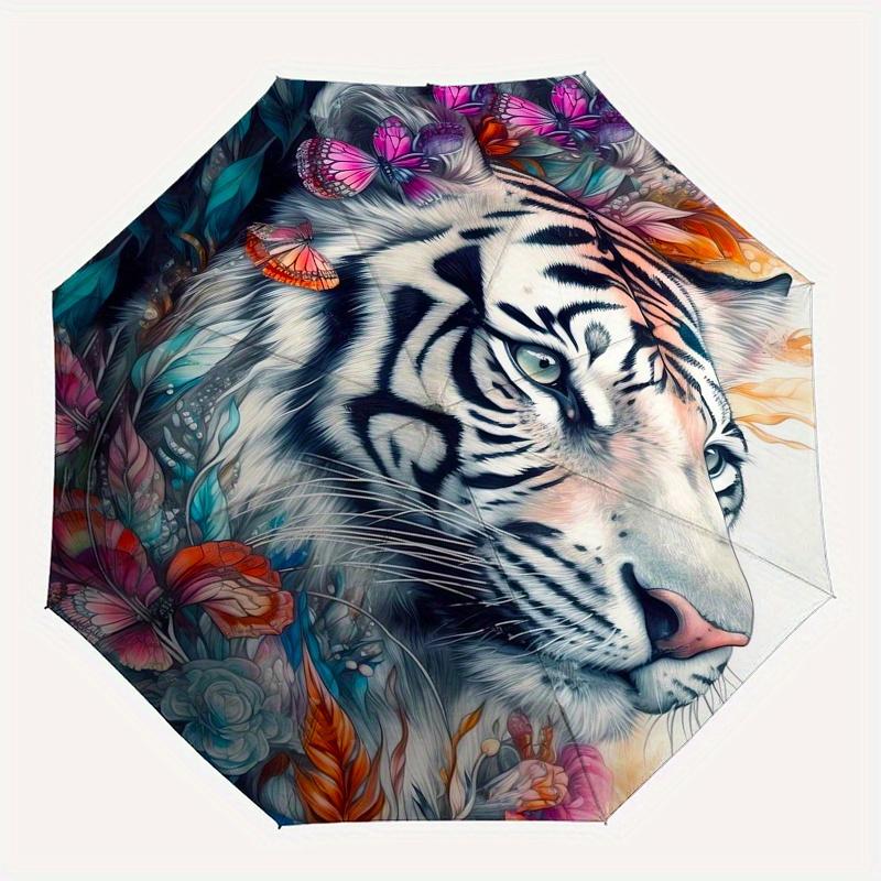 Tiger Flowers Theme 8 Bone Hand Automatic Folding Umbrella, Compact and Portable Design, A Perfect Gift for Birthday, Christmas or Business
