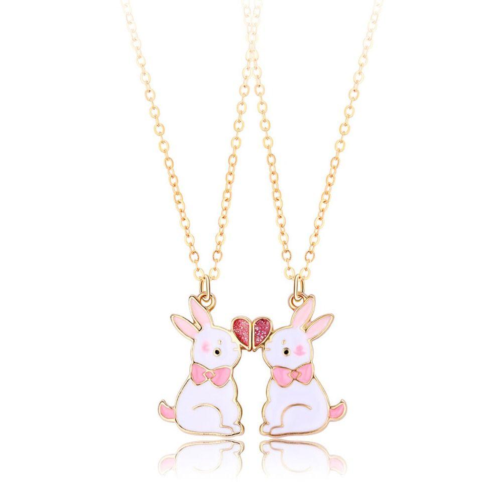2pcs/set Enamel Bunny Heart Pendant Zinc Zinc Alloy Rabbit Necklace Best Friend Magnetic Necklace Friendship