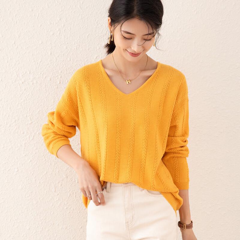 TUHUANG Women's 100% Pure Wool Textured V-Neck Sweater