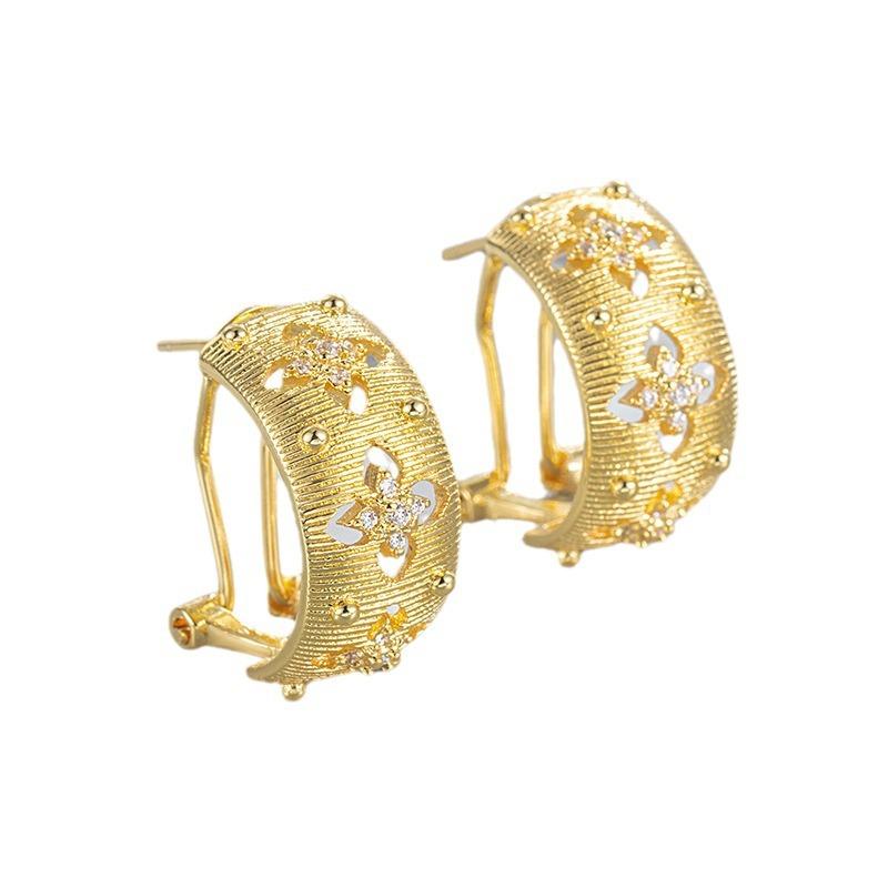 Vintage Italian Handcrafted Brass Hoop Brushed Gold Plated Hollow Four-leaf Clover Zircon Earrings