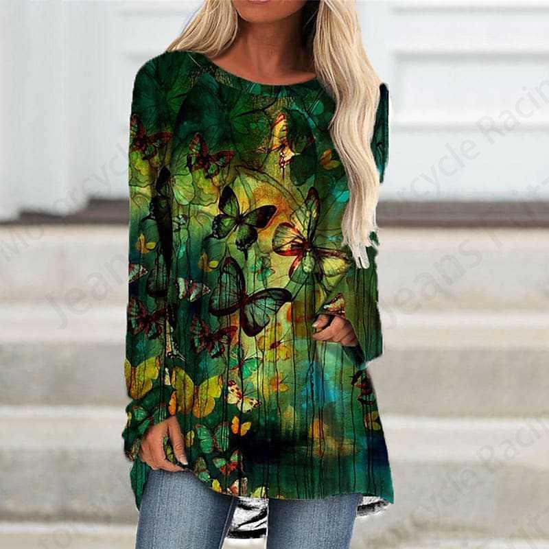 Футболка с длинным рукавом и принтом бабочки 3D, женская мода, длинная туника с круглым вырезом, женская осенняя одежда с изображением животных, женские топы в стиле Y2k