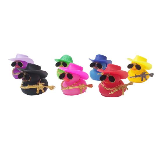 Duck Ornament Squeaky Car Dashboard Decoration Set Funny Yellow Duck Figure with Cowboy Hat Sunglasses Golden Chain Decor