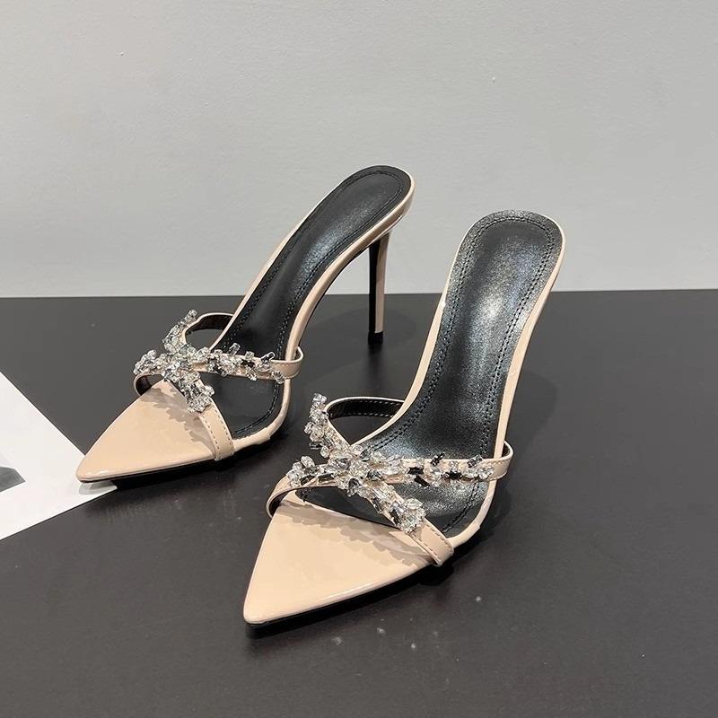 Туфли-шлепанцы на шпильке с острым носом и открытым носком, со стразами, женские, летние, новые, с перекрестными ремешками, вьетнамки, универсальные, на высоком каблуке, крутые для мытья полов