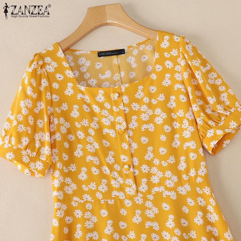 ZANZEA Женское повседневное платье с квадратным воротником и коротким рукавом с цветочным принтом