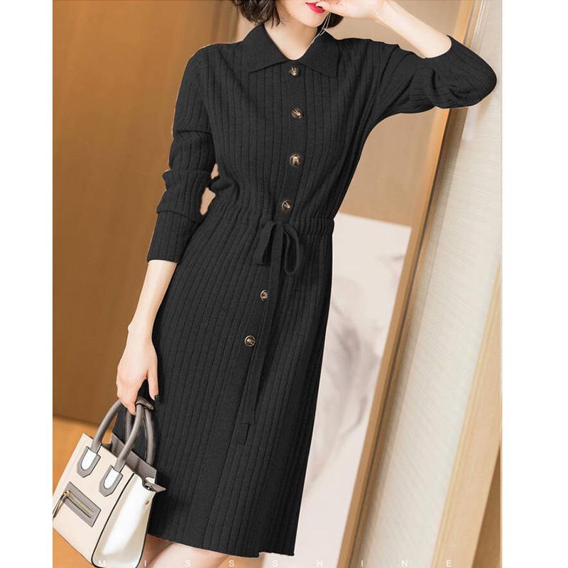 Новый дизайн, женские трикотажные платья, женское платье с длинными рукавами, осенне-зимние узкие платья с отложным воротником и пуговицами