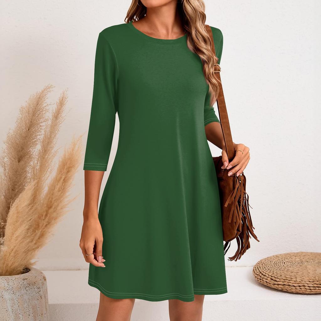 Женское модное повседневное однотонное короткое платье с круглым вырезом и рукавом три четверти