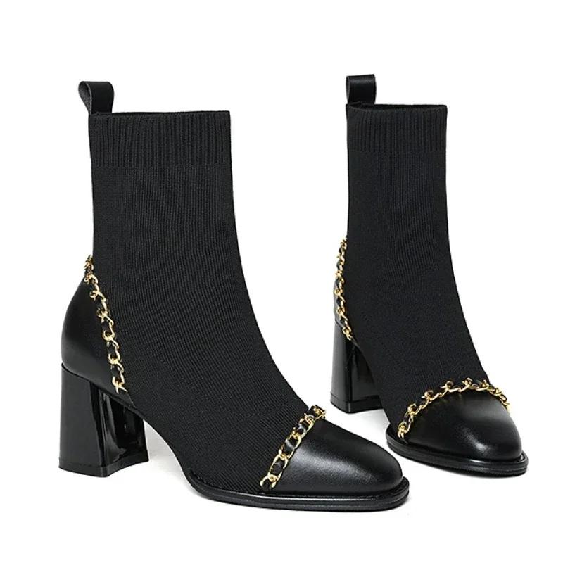 Мода 2024 Горячая Распродажа Обувь для Женщин Слипоны Женские Ботинки Зима Квадратный Носок Однотонные Плюшевые Теплые Короткий Голенище Средний Каблук Модные Голые Ботильоны