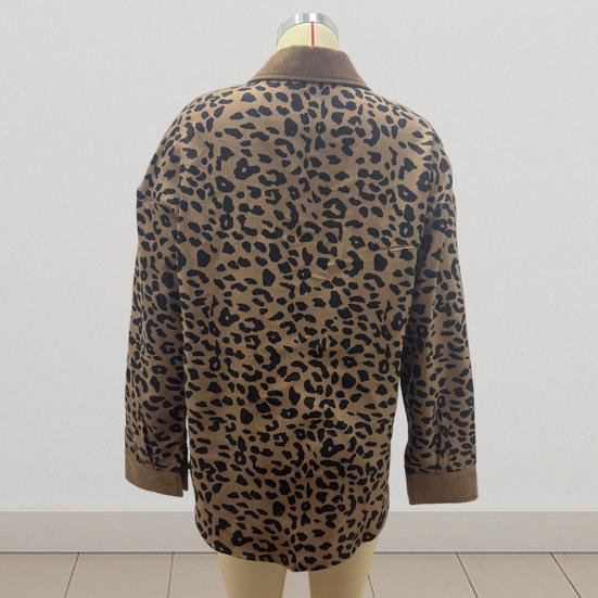 Women Spring Fall Coat Fake Chest Pocket Turn-down Collar Single-breasted Leopard Print Long Sleeves Mid Length Daily Wear Jacket