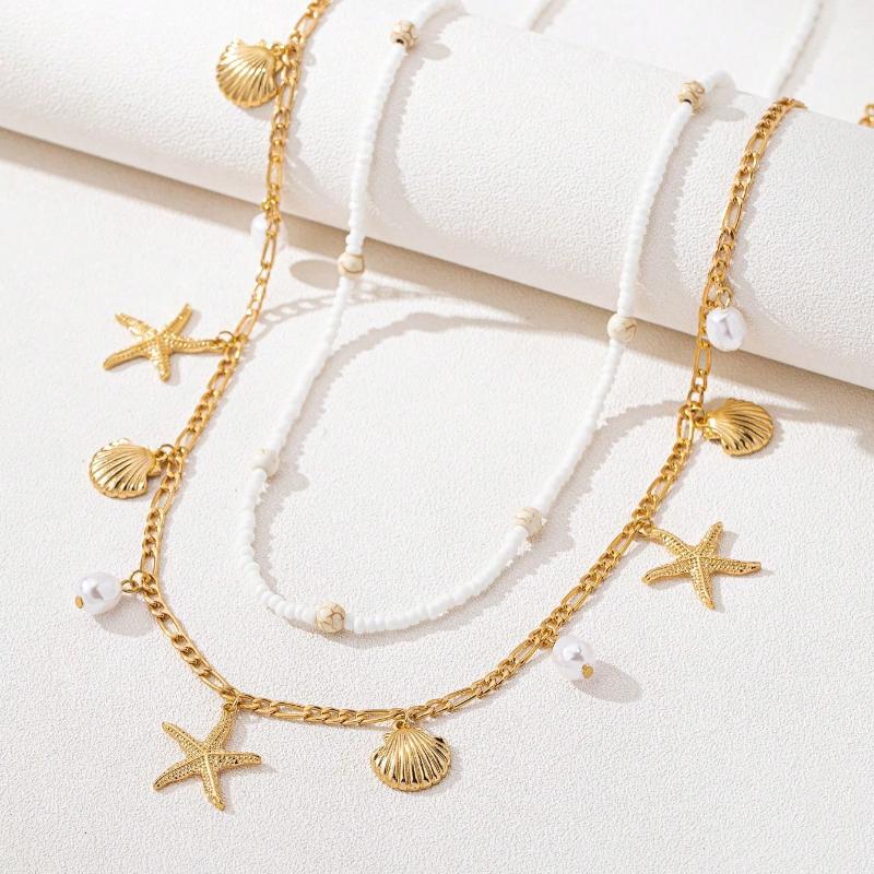 2 Pcs Boho Style Seashell, Starfish & Pearl Decor Waist Chain For Women