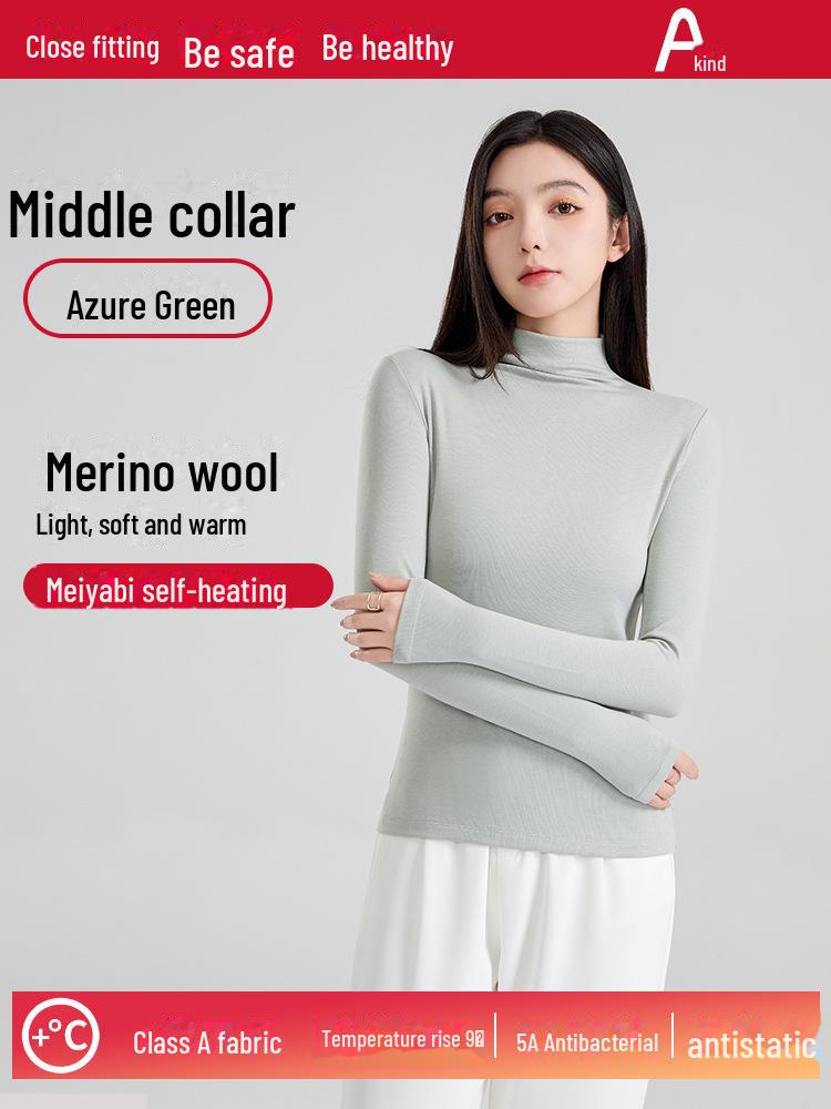 Wool Mid-Neck Slim Fit Women's Long-Sleeve Top, Versatile Autumn/Winter Layering, Warm & Cozy