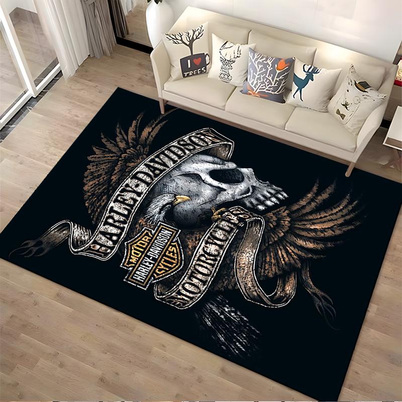 Skull and Eagle Harley Davidson Motorcycle Logo Black Rug Decor Suitable for use as an anti-slip for living room bedroom sofas
