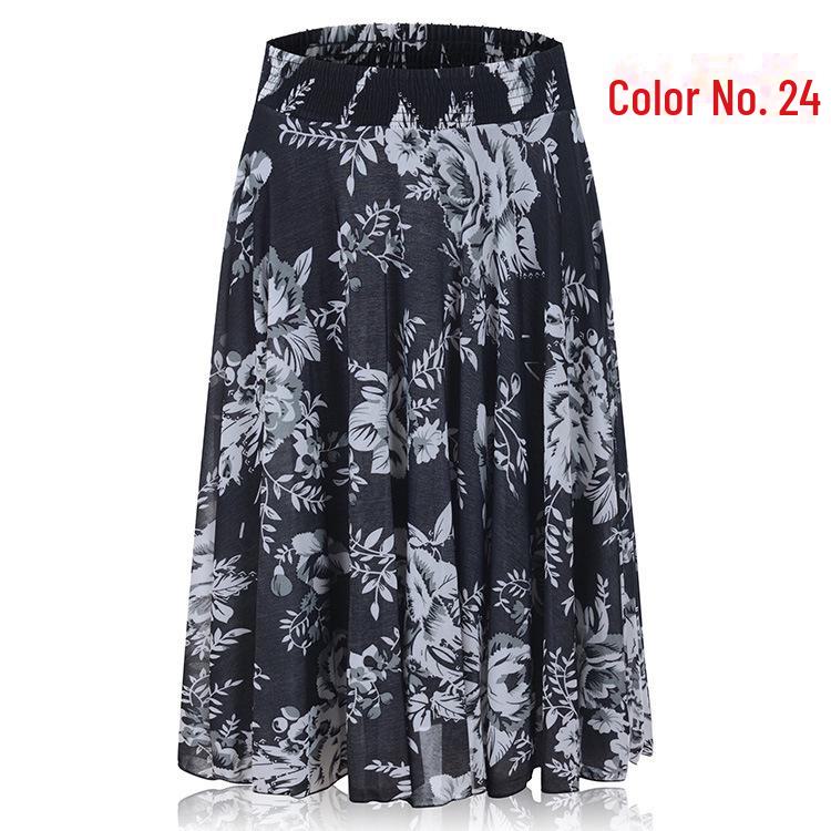 Women's Summer Floral Ice Silk Pleated Skirt - Mid-Length with Elastic Waist