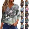 Women's Fashion Casual Floral Print V-Neck Short Sleeve Decorative Button Three-quarter Sleeve T-Shirt Top