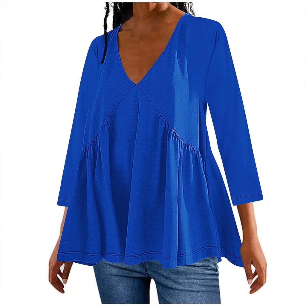 Women's Fashion Casual Solid Colour V-Neck Seven Sleeve Dress T-Shirt Top