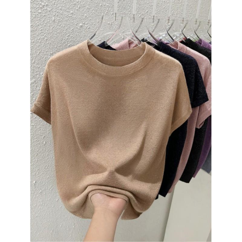 Женская летняя тонкая свободная футболка с круглым вырезом, однотонный трикотажный топ