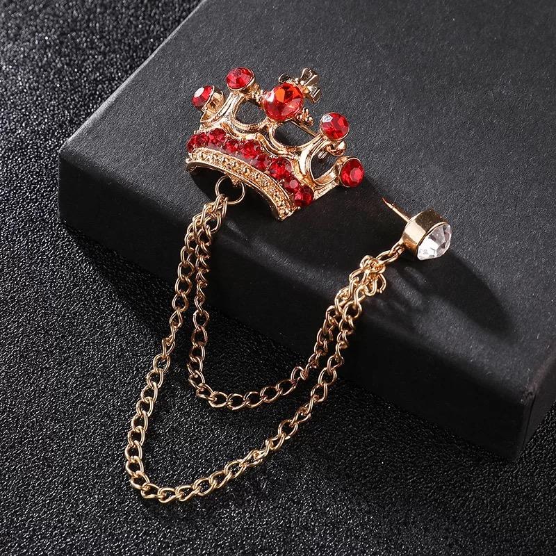 JY Fashion Brooch Vintage Crystal Crown Chain Pin for Men Jewelry Suits Accessories Lapel Badge Brooch