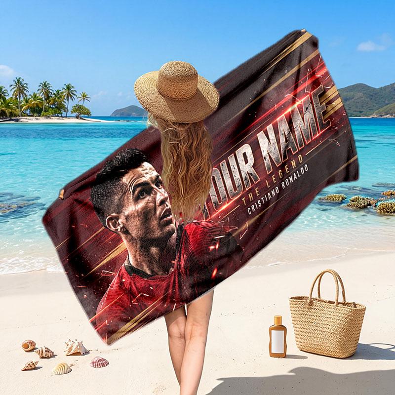 Cristiano Ronaldo Custom Beach Towel, Personalized Name Text Print, Football Logo Soft Quick‑Dry Towel Holiday Gift