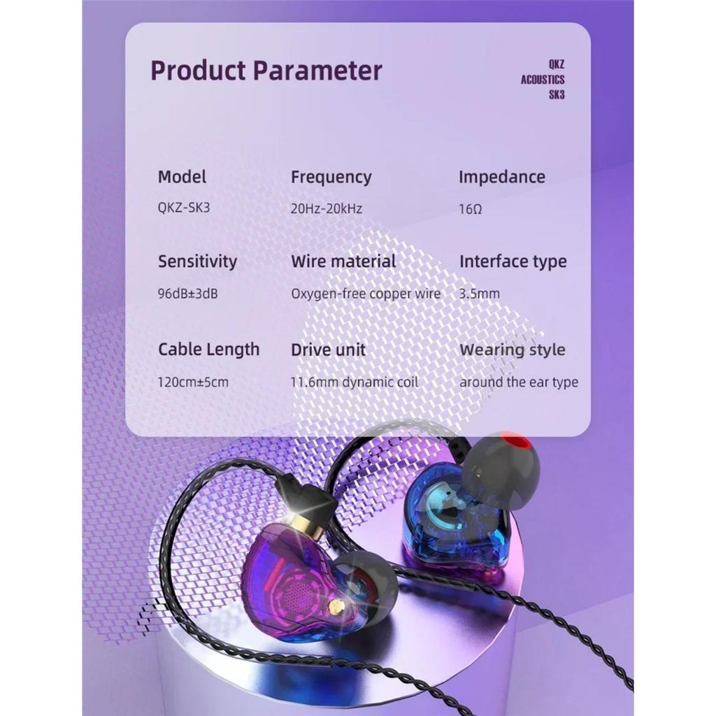 QKZ SK3 3.5mm Wired Earphone with Microphone HiFi Music Monitor Bass Headphone Noise Cancelling Headset for Sport Gaming Earbuds