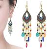 Vintage Ethnic Long Water Drop Tassel Earrings for Women Boho Colorful Hollow Flower Rhinestone Crystal Dangle Earrings