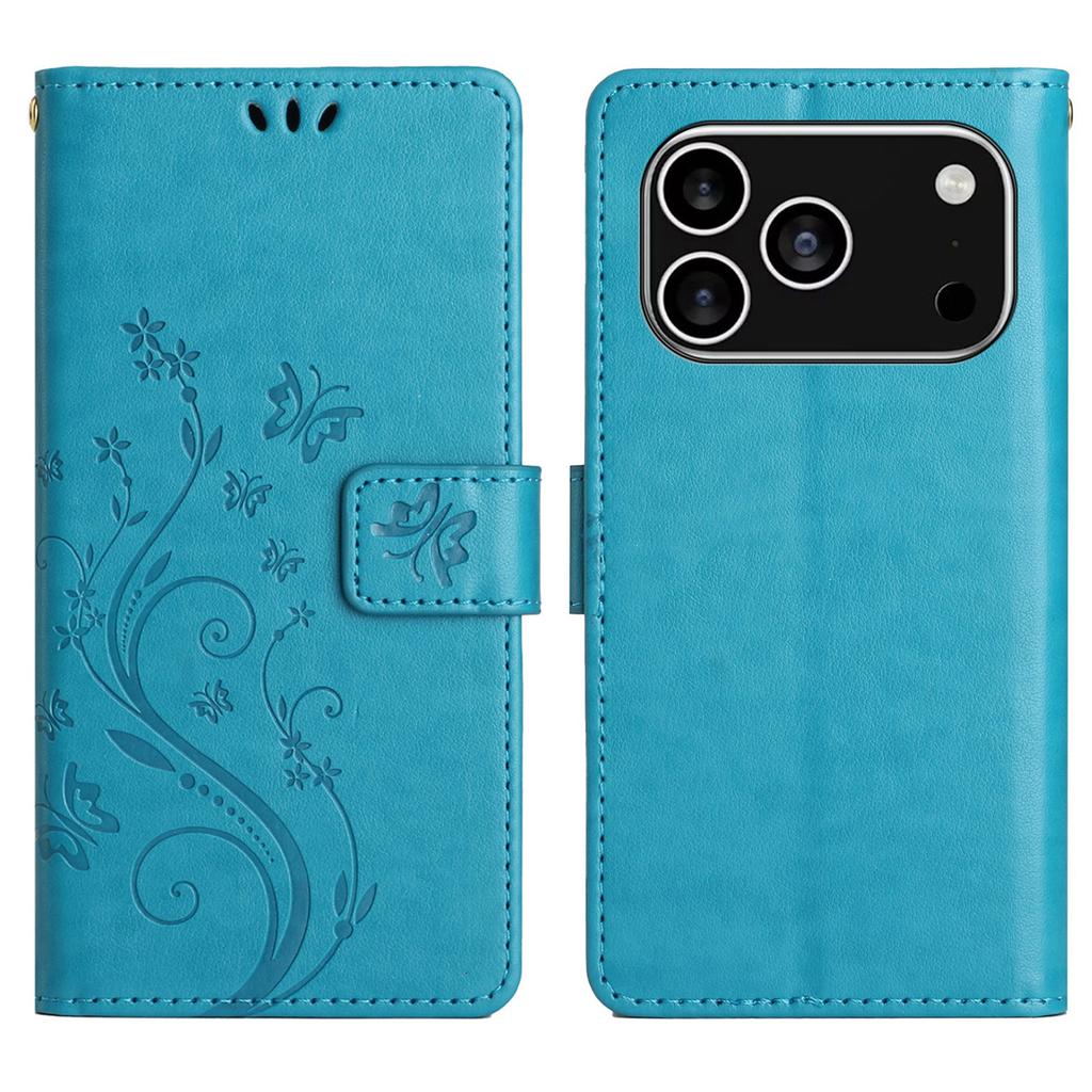 For iPhone 17 Pro Leather Wallet Case Butterfly Flower Imprinted Phone Cover with Strap